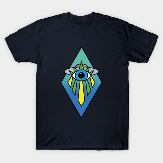 Illuminati Pyramid UFO Evil Eye Art Deco Geometric Diamond Shape Green Blue Sea Sky Space T-Shirt by Ciara Shortall Art